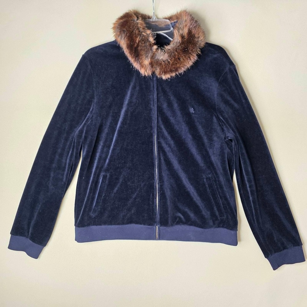 Lauren Ralph Lauren Velour Jacket XL Navy Blue Faux Fur Collar Zip Up Luxury
